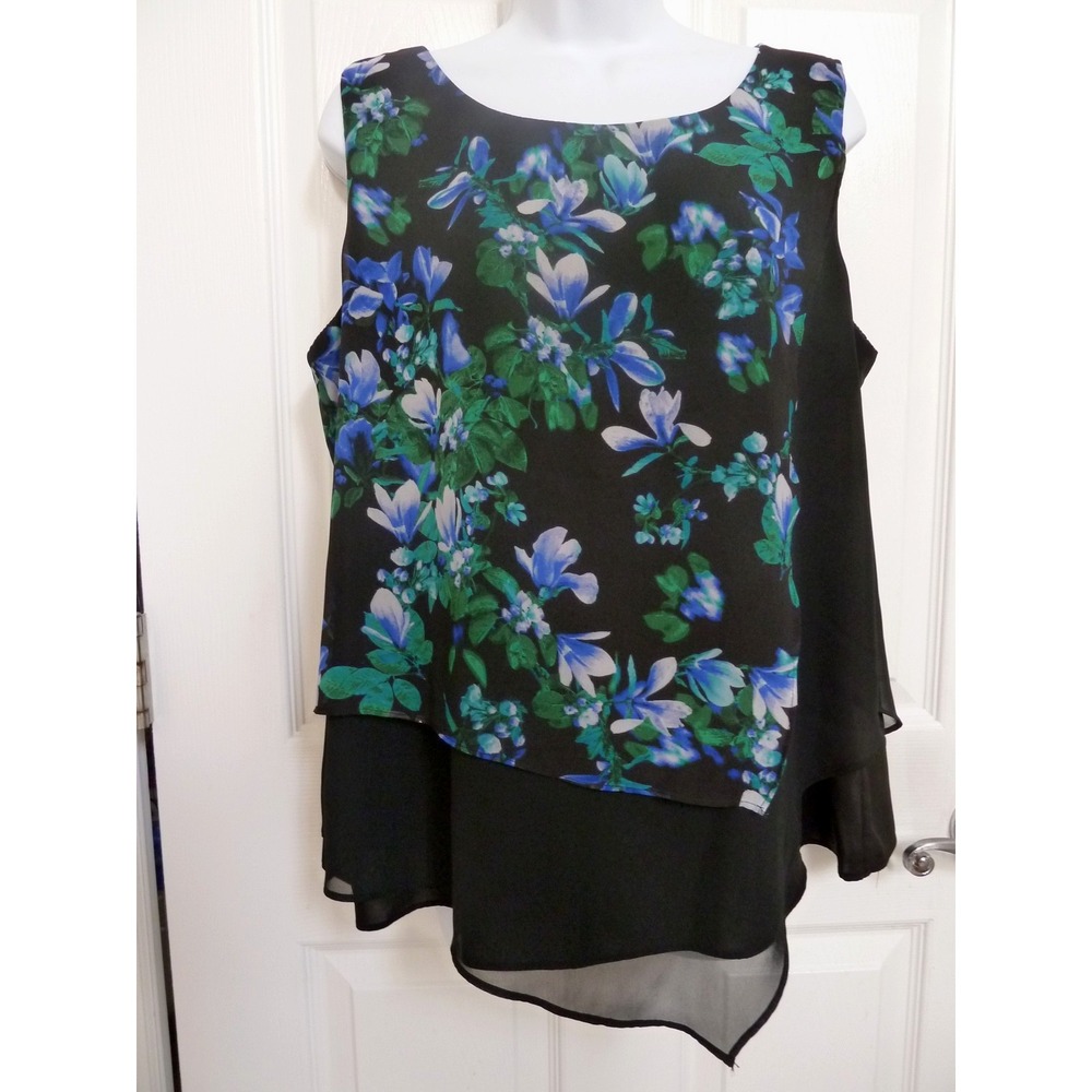 Calvin Klein XL 16 Layered Career Business Blouse Sleeveless Floral Blue Green